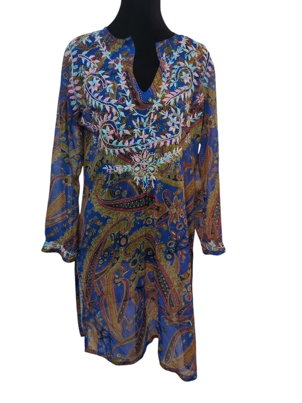Raj 100% Silk Embroidered Paisley Tunic Top Blue Boho India Size S Boho Festival